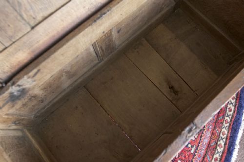 GOOD SMALL THREE PANEL OAK COFFER - ADDITIONAL PHOTO 8