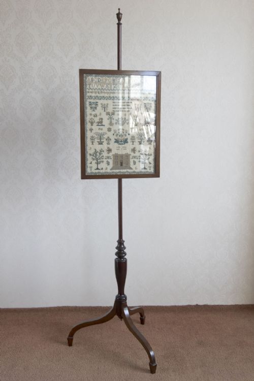 regency period mahogany pole screen with beautiful sampler - CATEGORY: ANTIQUE MISCELLANEOUS - DATED 19TH CENTURY