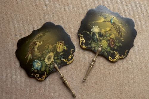 a pair of mid 19th century papiermch face screens in original condition - CATEGORY: ANTIQUE MISCELLANEOUS - DATED 19TH CENTURY