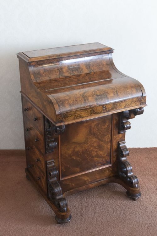 VICTORIAN BURR WALNUT PIANO RISE AND FALL DAVENPORT - ADDITIONAL PHOTO 3