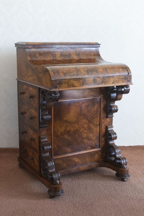 VICTORIAN BURR WALNUT PIANO RISE AND FALL DAVENPORT - ADDITIONAL PHOTO 5