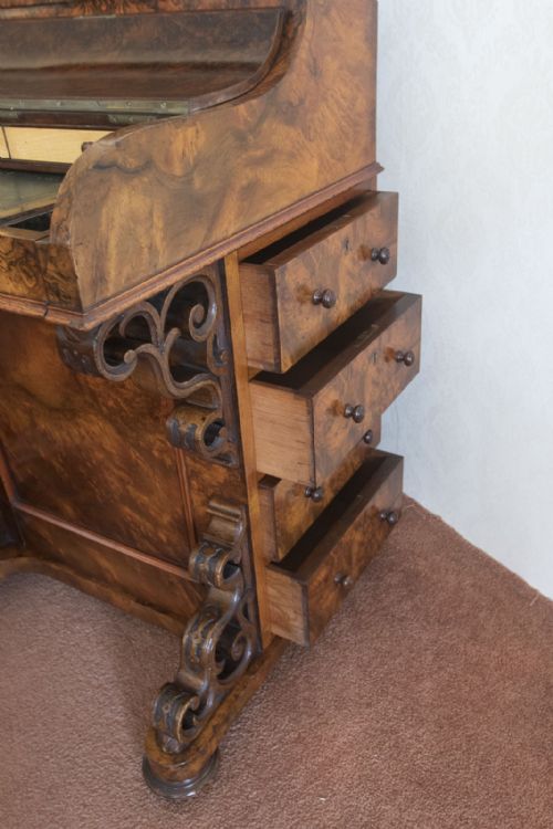VICTORIAN BURR WALNUT PIANO RISE AND FALL DAVENPORT - ADDITIONAL PHOTO 10