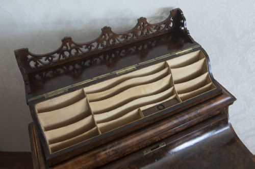 VICTORIAN BURR WALNUT PIANO RISE AND FALL DAVENPORT - ADDITIONAL PHOTO 11