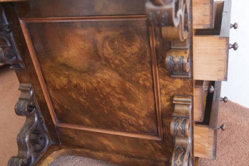 VICTORIAN BURR WALNUT PIANO RISE AND FALL DAVENPORT - ADDITIONAL PHOTO 14