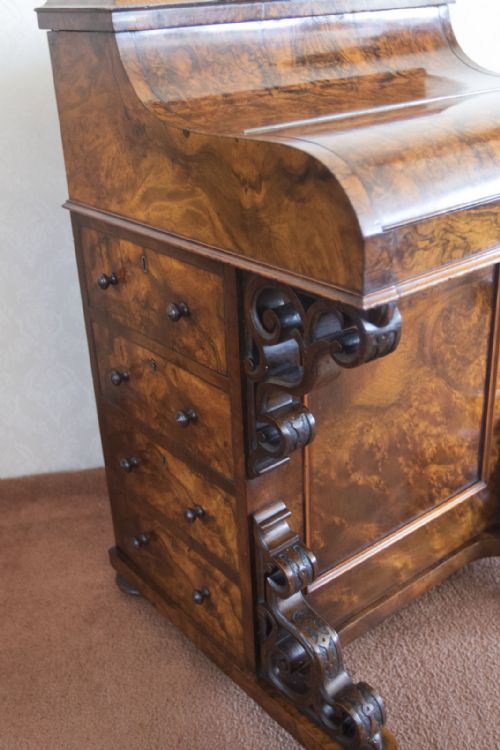 VICTORIAN BURR WALNUT PIANO RISE AND FALL DAVENPORT - ADDITIONAL PHOTO 16