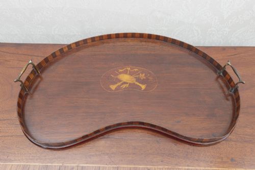 victorian mahogany inlaid tray of kidney shape - CATEGORY: ANTIQUE MISCELLANEOUS - DATED 19TH CENTURY