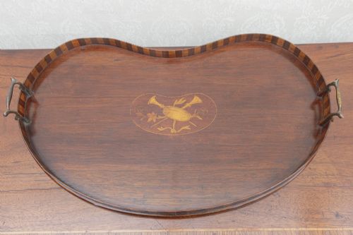 VICTORIAN MAHOGANY INLAID TRAY OF KIDNEY SHAPE - ADDITIONAL PHOTO 5