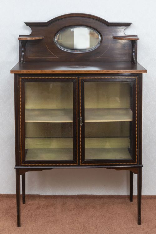 late 19th century mahogany inlaid display cabinet - CATEGORY: ANTIQUE CABINETS - DATED 19TH CENTURY