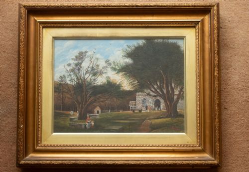oil on canvas country house landscape and figures - CATEGORY: ANTIQUE ART - DATED 1910