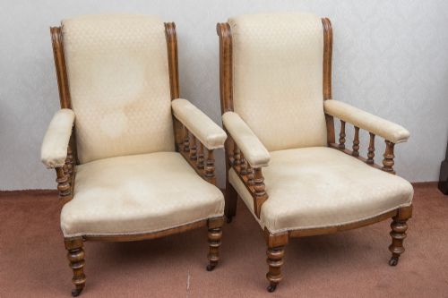 a pair of mid to late victorian upholstered armchairs - CATEGORY: ANTIQUE CHAIRS - DATED 19TH CENTURY