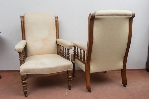 A PAIR OF MID TO LATE VICTORIAN UPHOLSTERED ARMCHAIRS - ADDITIONAL PHOTO 1