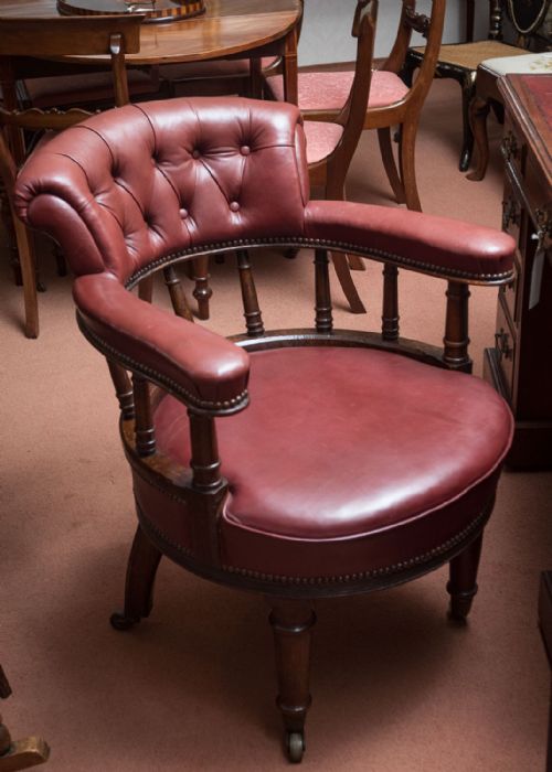mahogany upholstered desk chair - CATEGORY: ANTIQUE CHAIRS - DATED 19TH CENTURY