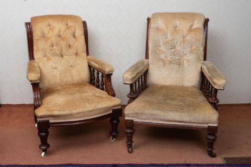 near pair of victorian fireside chairs in unrestored condition - CATEGORY: ANTIQUE CHAIRS - DATED 19TH CENTURY