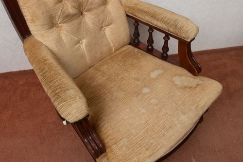 NEAR PAIR OF VICTORIAN FIRESIDE CHAIRS IN UNRESTORED CONDITION - ADDITIONAL PHOTO 4