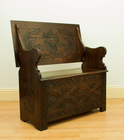 Carved Oak Monks Bench/hall Bench C.1900