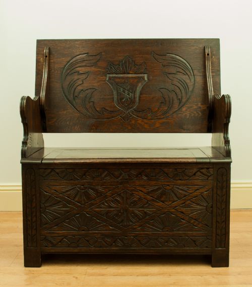 fig 1. Carved Oak Monks Bench/Hall Bench c.1900