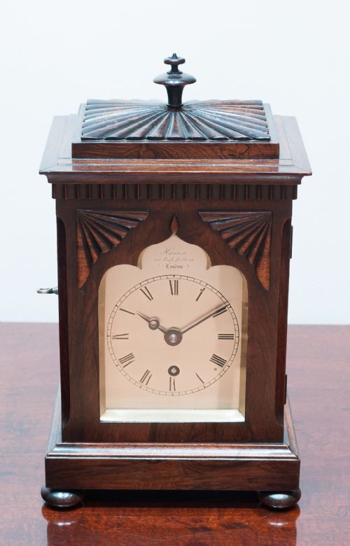 fig 1. A fine quality small sized rosewood mantel clock by Charles Hanson, High Holborn, London.