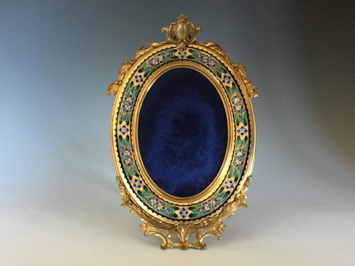 Antique French Champleve Gilt Bronze Oval Frame