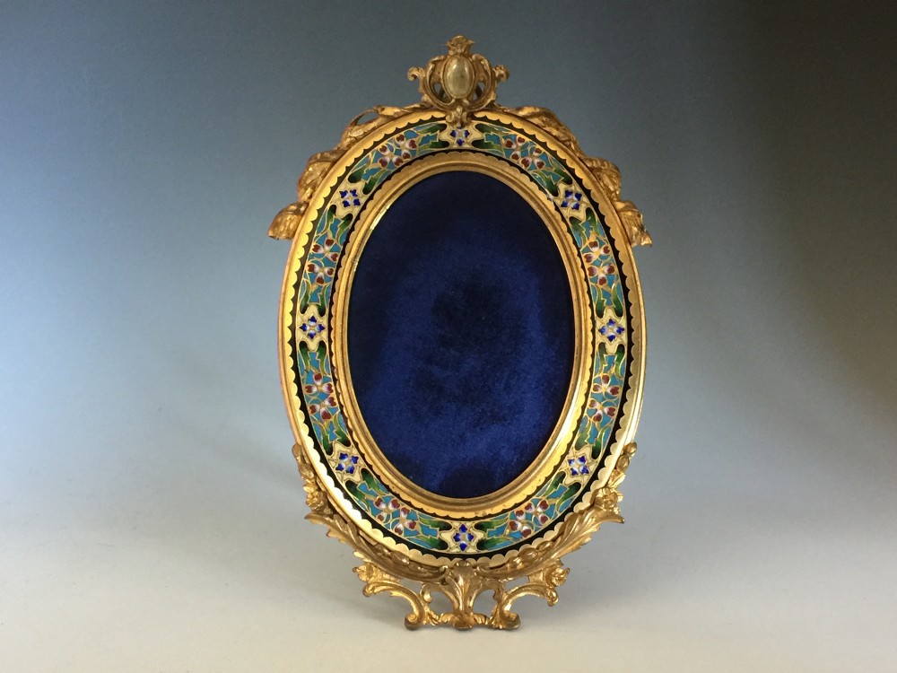 Antique French Champleve Gilt Bronze Oval Frame