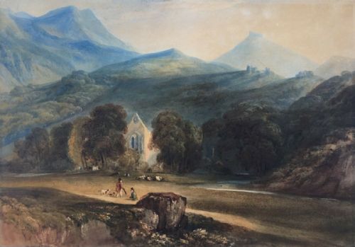 18th Century Original Antique Watercolour Landscape Painting River & Mountains