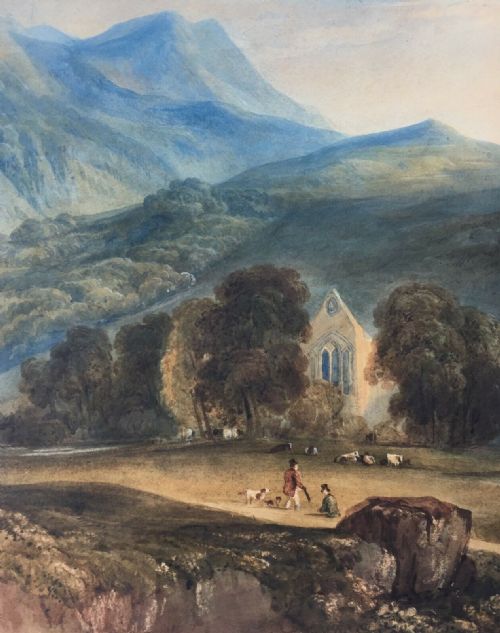fig 1. 18th Century Original Antique Watercolour Landscape Painting River & Mountains