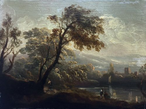 fig 1. Follower of Hendrik Frans Van Lint Antique Oil on Wood Panel Landscape Painting 