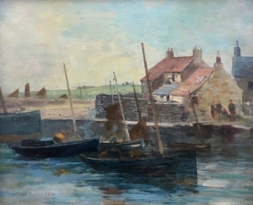 fig 1. David Fulton RSW Scottish 1848-1930 Original Antique Oil Painting on canvas Fishermen & Harbour Seascape