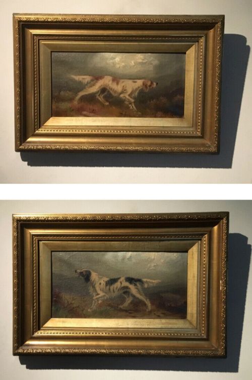 2 X 19th Century Antique Oil Paintings on Canvas English Setter Dogs in Moorland Landscapes Monogrammed