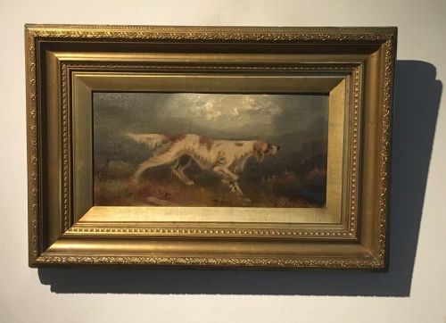 fig 1. 2 x 19th Century Antique Oil Paintings on Canvas English Setter Dogs in Moorland Landscapes Monogrammed