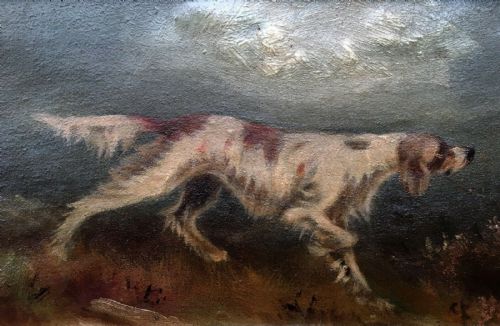 fig 2. 2 x 19th Century Antique Oil Paintings on Canvas English Setter Dogs in Moorland Landscapes Monogrammed