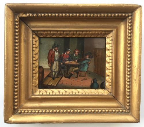 Dutch School Original Antique Frame & Oil Painting on Tin Figures Tavern Scene