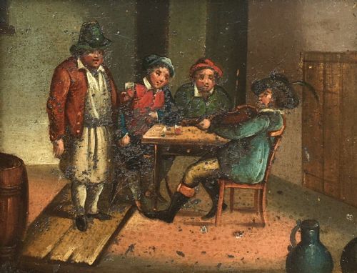 fig 1. Dutch School Original Antique Frame & Oil Painting on Tin Figures Tavern Scene
