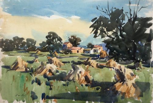 Angus Rands Signed Original Watercolour Painting Hay Stacks & Farm Yorkshire Countryside Landscape