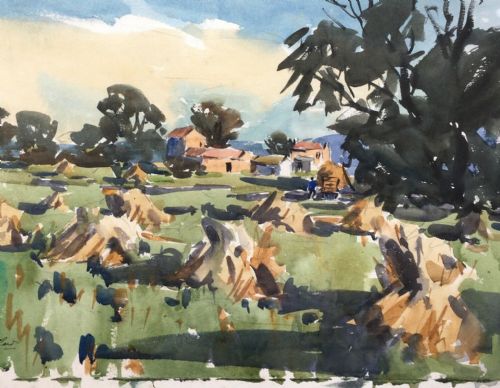 fig 1. ANGUS RANDS Signed Original Watercolour Painting Hay Stacks & Farm Yorkshire Countryside Landscape