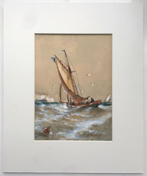 R Thomas Original Antique Watercolour Fishing Painting Titled "Making in Dover"