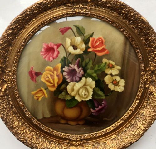 Signed Original Antique Circular Oil Painting Still Life Flowers Convex Frame