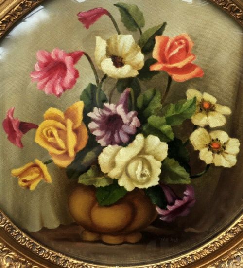 fig 1. Signed Original Antique Circular Oil Painting Still Life Flowers Convex Frame