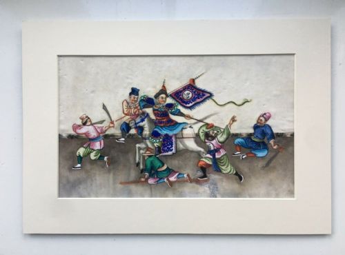 fig 1. Original Antique Chinese Pith Paper Painting Intricate Fighting Figures & Horse