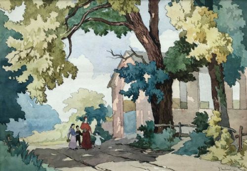 fig 1. Signed Original 1917 Antique Watercolour Painting Figures Country Lane Landscape