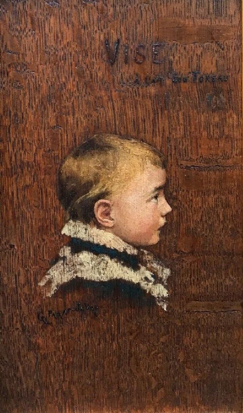 Signed Antique French Original Oil Painting on Wood Panel Profile Portrait of a Young Boy