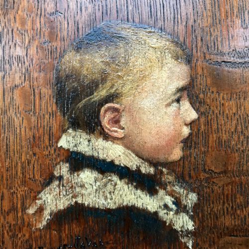fig 1. Signed Antique French Original Oil Painting on Wood Panel Profile Portrait of a Young Boy