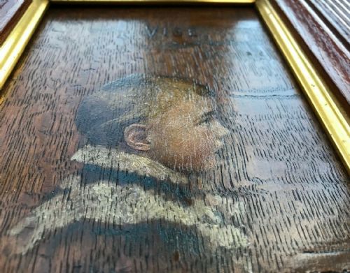 fig 2. Signed Antique French Original Oil Painting on Wood Panel Profile Portrait of a Young Boy