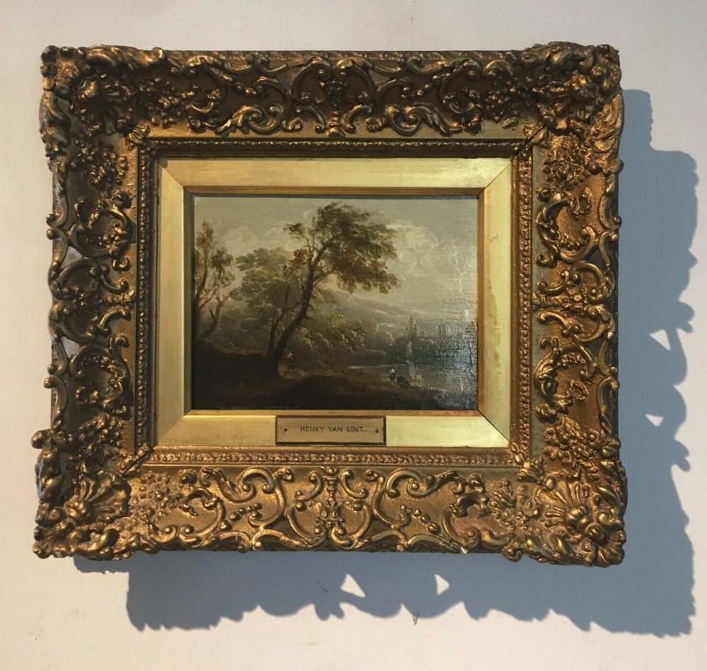 Follower of Hendrik Frans Van Lint Antique Oil on Wood Panel Landscape Painting 