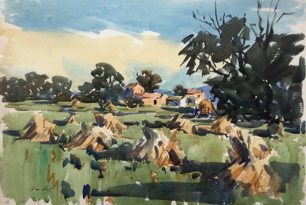 ANGUS RANDS Signed Original Watercolour Painting Hay Stacks & Farm Yorkshire Countryside Landscape