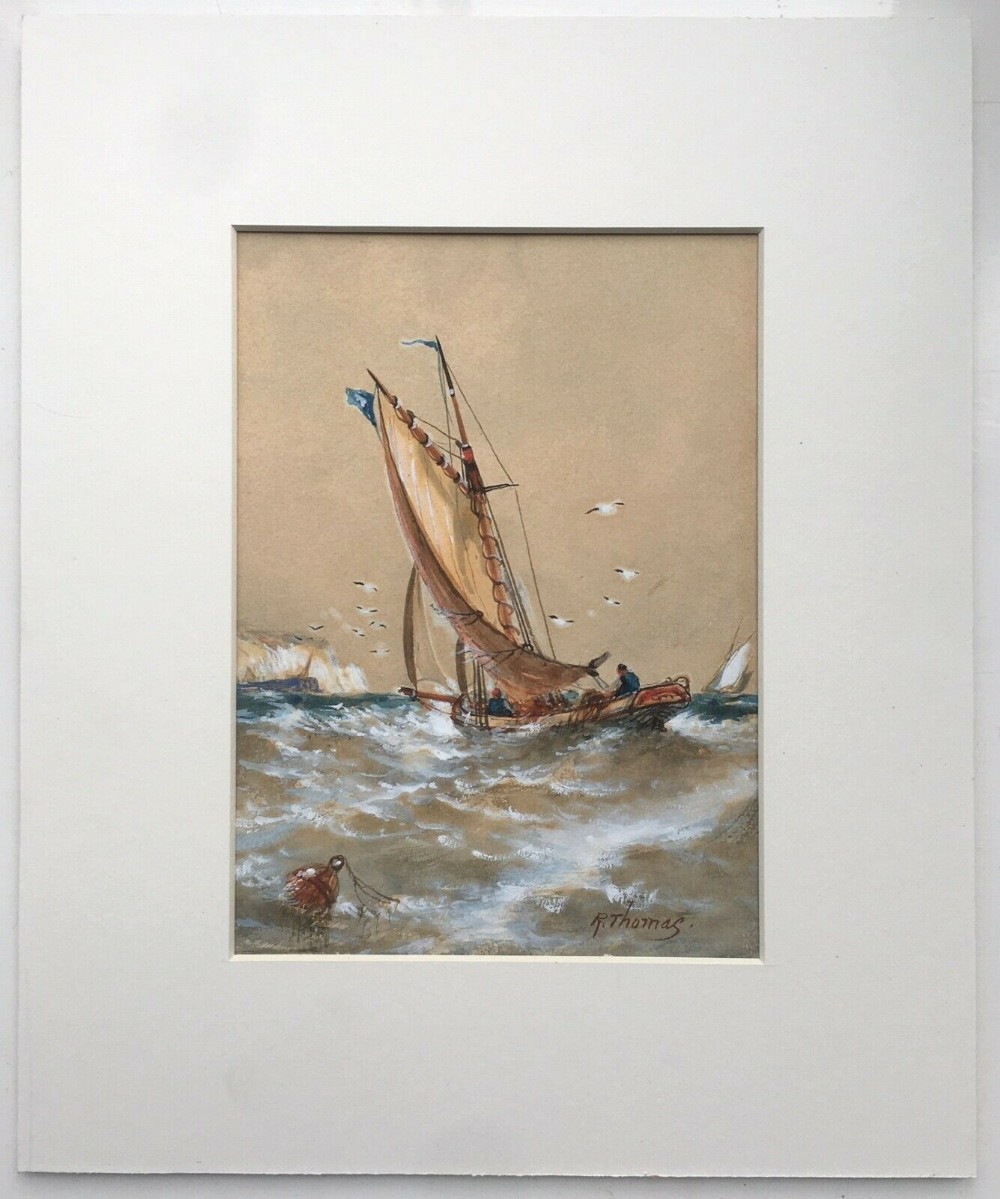 R Thomas Original Antique Watercolour Fishing Painting Titled 