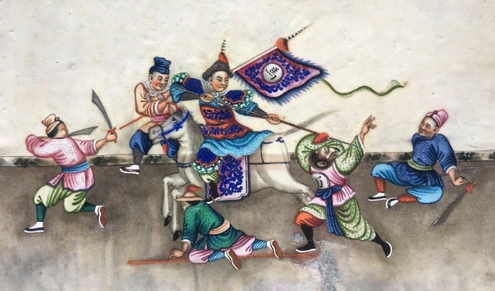 Original Antique Chinese Pith Paper Painting Intricate Fighting Figures & Horse
