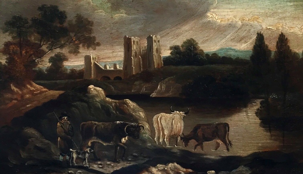 Dutch School Original 19th Century Antique Oil Painting on Wood Panel Figures & Cattle in Castle Landscape