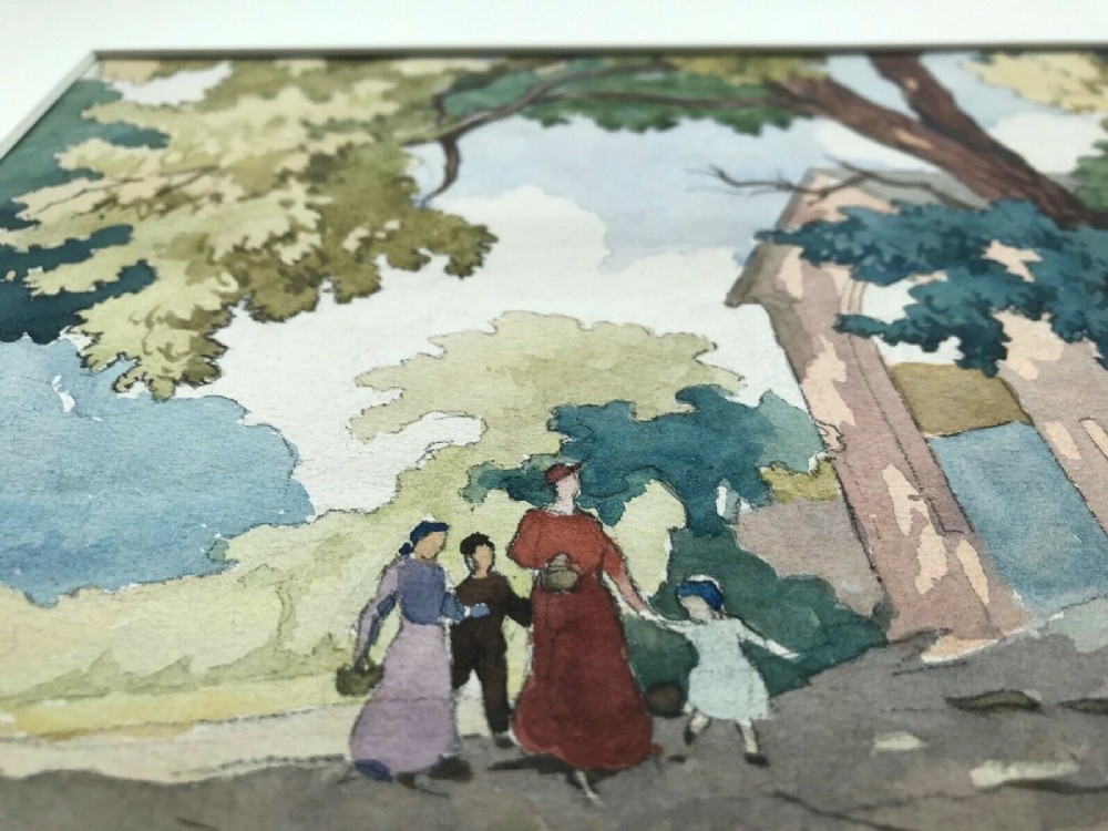 Signed Original 1917 Antique Watercolour Painting Figures Country Lane Landscape