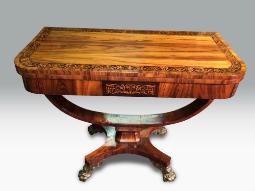 a superb regency goncalo alves holly inlaid card table in the manner of george oakley - CATEGORY: ANTIQUE TABLES - DATED REGENCY