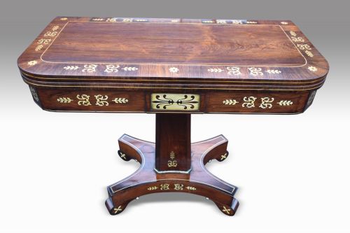 a superb regency rosewood brass inlaid card table - CATEGORY: ANTIQUE TABLES - DATED REGENCY